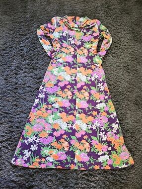 Vintage Saks Fifth Avenue Purple Floral Long Sleeve Maxi Dress boho chic large